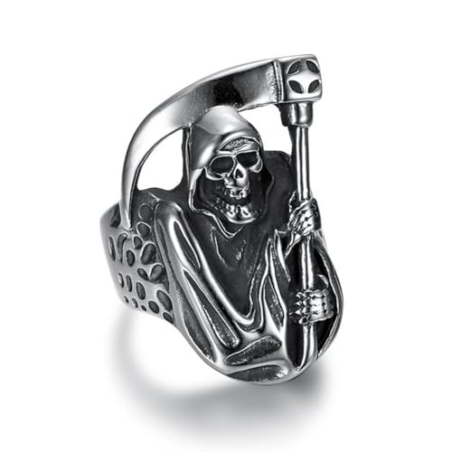 3D 彫刻グリムリーパーチタンスチールリング ゴシックデスメタルジュエリー ブラックメタルフェスティバル用 ヘビーデューティーダークパンクバイカーステートメントジュエリー指輪のサイズ20号(US10)