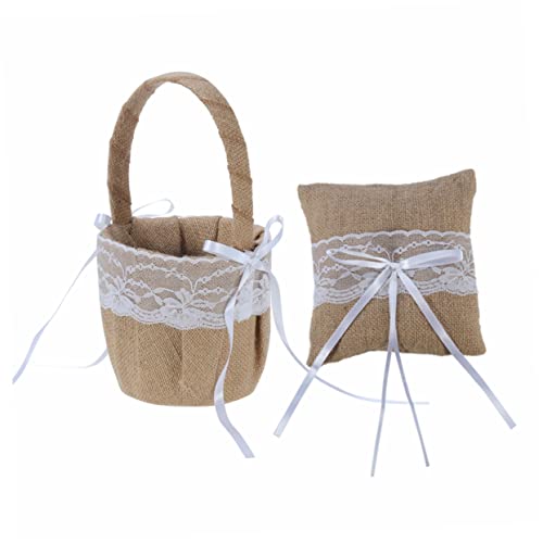 Alipis Rustic Burlap Jute Lace Pillows with Flower Basket for Country Weddings Elegant Design for Ceremonies and Anniversaries Keepsake for