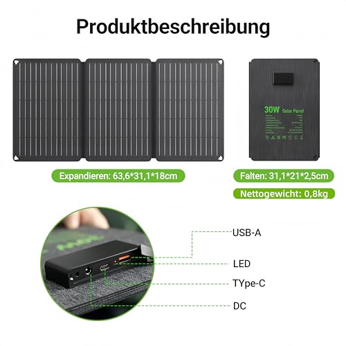 LIONSHEE 30W Solarpanel Faltbar mit 3 Ports (USB-C+USB-A+DC), IP67 Wasserdichtes Tragbares Solar-Ladegerät, Handy Solar Panel Im Freien, Camping Ladegerät für Smartphone, Mobile Powerbank und mehr
