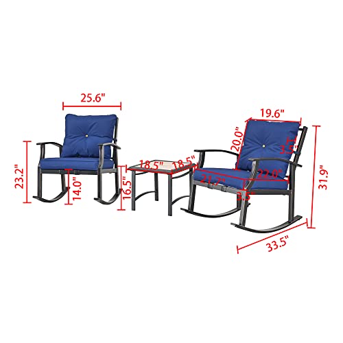 Lokatse Home 3 Piece Rocking Bistro Set Furniture Porch Chairs With Square Coffee Table, Blue #TOP1