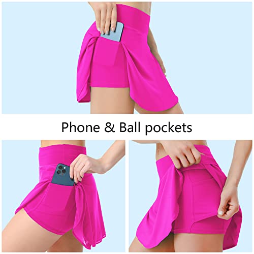 Husnainna High Waisted Mesh Layered Tennis Skirt For Women With Pockets 2 In 1 Flowy Running Skirt Shorts Athletic Golf 023Dcq-Hot Pink/C6 #TOP4