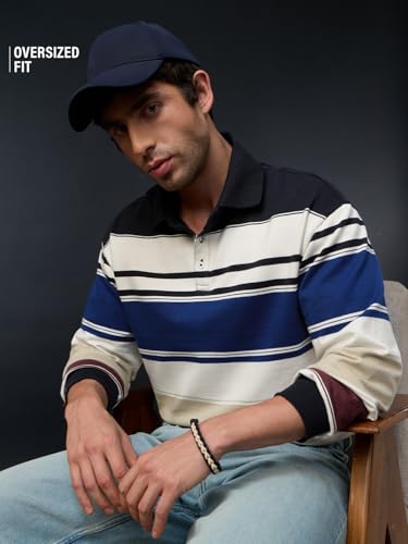 Image of The Souled Store Oversized Rugby Polo: Men and Boys Long Sleeve Spread Collar Striped Cotton Oversized Fit Breathable Everyday Lightweight All-Season Polos