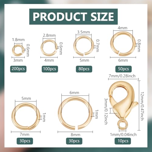 PH PandaHall 500pcs 24K Gold Plated Jump Rings for Jewellery Making 6 Sizes Brass Open Jump Rings Connectors with 10pcs Lobster Clasp for DIY Necklace Bracelet Choker Jewellery Repair Crafts - Image 2