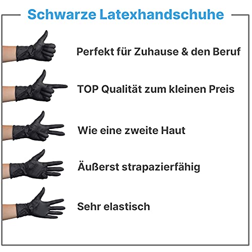 Einweghandschuhe Schwarz Latex, Einmalhandschuhe L, 100 Stück, puderfrei, Handschuhe Einweg, Latexhandschuhe Schwarz, in Größe S, M, L & XL verfügbar