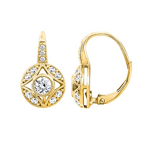 14K Plated Yellow Gold, Platinum Plated 925 Sterling Silver Leverback Antique Earrings for Women | 1 Carat Round Cut Cubic Zirconia CZ Simulated Diamond - Main Image