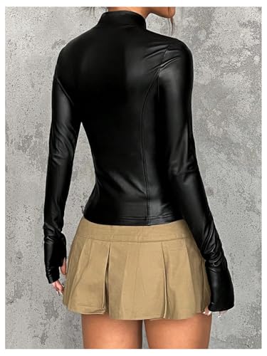 MakeMeChic Women's Y2K PU Leather Jacket Mock Neck Full Zip Long Sleeve Coat Outerwear2