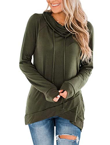 Orchidays Womens Long Sleeve Sweatshirt Cowl Neck Workout Tunic Tops Casual Drawstring Pullovers Army Green