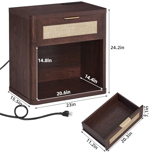 Image of LEYAOYAO Rattan Nightstands Set of 2 with Charging Station, Walnut Night Stand with Drawer, 23 inch Wide Boho Bedside Table with Storage Shelf, Bed Side End Tables for Bedroom, Living Room, Hallway