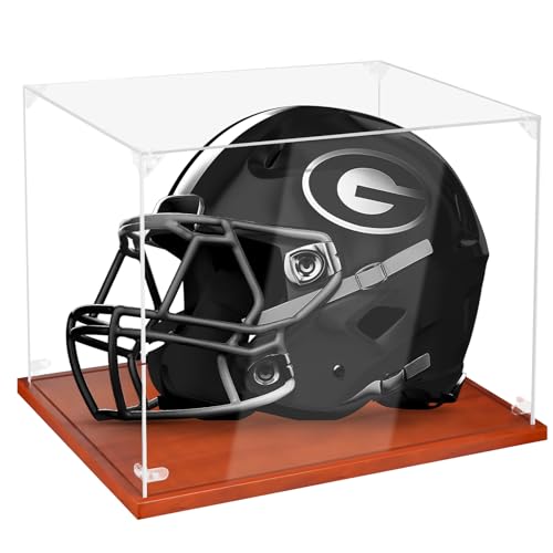 Image of Hooqict Football Helmet Display Case Acrylic Clear with Solid Wood Base UV Protected Full Size Football Helmet Case Display Holder Stand for Hockey Baseball Motorcycle Sports Collections