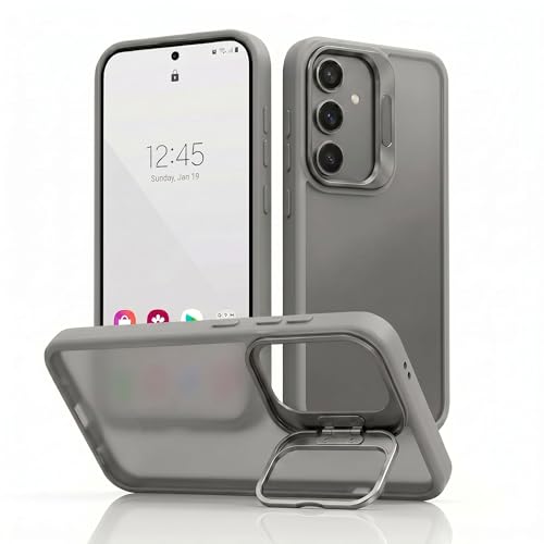 Image of amazon basics Frosted Matte Case for Samsung Galaxy A55 5G | Built-in Flip-Out Camera Lens Stand | Translucent Back with Contrast Gray Bumper | Shockproof Protective Cover with Foldable Kickstand