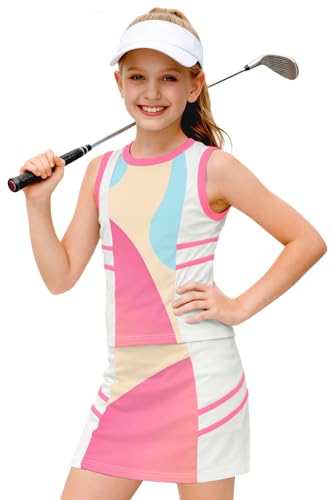Image of AOBUTE Girls Tennis Golf Outfit Tank Top and Skirt with Shorts Set 4-12 Years