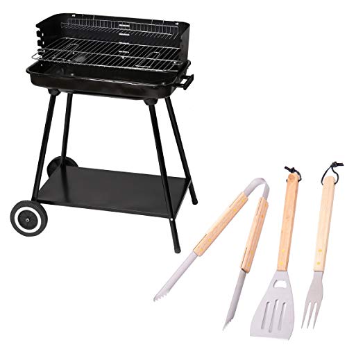 Lola Home - Pack Barbacoa De Carbón Y 3 Accesorios Milena Con Parrilla Y Ruedas De Acero Negra En Oferta Barbacoa De Carbón Con Parrilla Y Ruedas De Acero Negra - Lolahome (Rectangular, Con Accesorios)