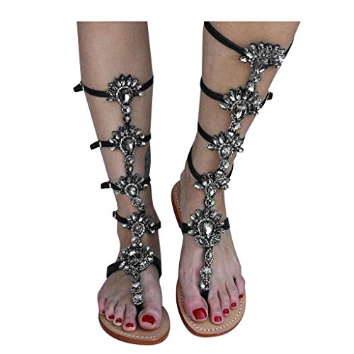 Haoricu Knee High Sandals Bohemian Rhinestones Wedding Dress Sandals Summer Rome Gladiator Flats(Black,5.5) #TOP25