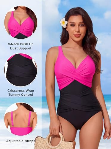 Image of Smismivo Tummy Control Swimsuits for Women Slimming One Piece Bathing Suit Retro Ruched Push Up Vintage Padded Swimwear