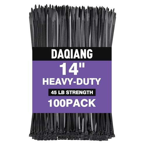 DAQIANG 60 lb Heavy Duty 14-Inch Black Zip Ties 100-Pack UV Resistant Self-Locking Nylon Cable Ties for Indoor/Outdoor Use