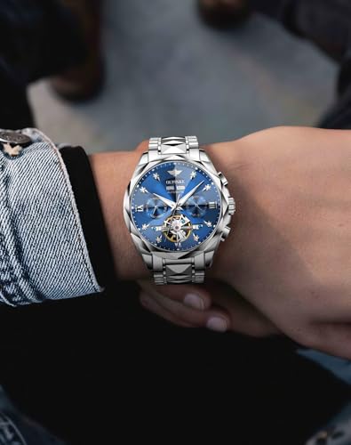 Image of OLEVS Men's Watches Automatic Skeleton Self-Winding Original Mechanical Blue Luxury Sapphire Crystal Dress Gifts Wrist Watches