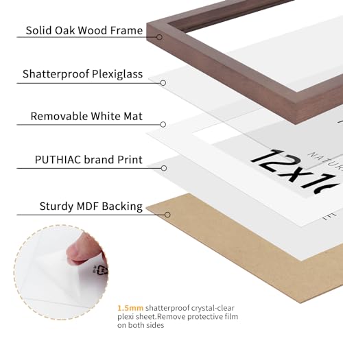 puthiac 12x16 Walnut Oak Wood Picture Frame - Minimalist 12x16 Poster Frame, 12"x16" Picture Frame Wood, Natural Solid Wooden Picture Frames for Wall Art Photo and Prints (1 Pack, Walnut)