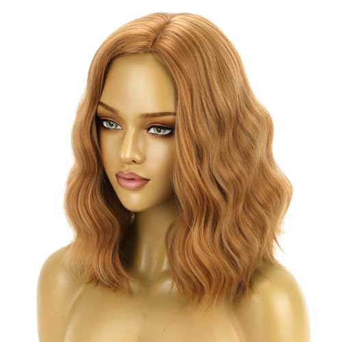 Image of BERON Strawberry Blonde Wigs for Womens Short Curly Wavy Wig Girls Blonde Brown Side Part Wigs Shoulder Length Heat Resistant Synthetic Cosplay Party or Daily Use