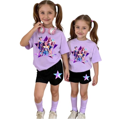 K-Pop Short Sleeve T-Shirt and Shorts 2 Piece Sets for Girls Cute Cartoon Print Graphic Tees Singers Group Merch Costume Demon Going Out Tops Oversized Shirts Birthday Gifts(A-Black,7 Years)