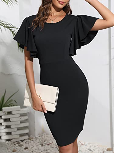 Yathon Women's Wedding Guest Dresses Summer Sexy V Back Short Ruffle Sleeve Below Knee Length Prom Work Casual Dress With Zipper (Yt216-Black,S) #TOP4
