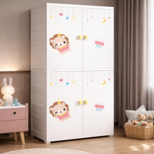 Image of AYSIS Kids Plastic Collapsible Wardrobe Organizer for Storage with Drawers | Cute Cartoon Design | Heavy Duty Cloth Organizer for Storage | Easy to Assemble | Perfect for Kids Room & Home | White