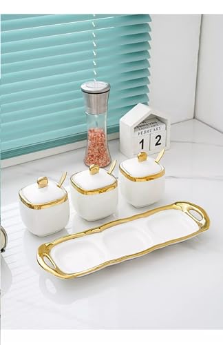 Image of JRM 3Pcs Condiment Jar Condiment Seasoning Pot with Ceramic Tray, Serving Spoon and Lid for Tea Sugar Coffee Salt Pepper and Spices (White)