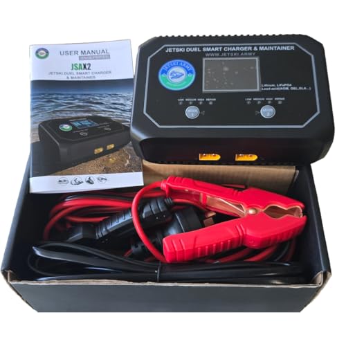 TYPO STOCK - Jetski Army JSAX2 Dual Smart Battery Charger & Maintainer – 12V/24V – Lithium, LiFePO4, AGM, GEL, SLA – 2 Channels – 10A/5A Per Channel – Repair Mode – LCD Display – Auto 9-Stage Charging