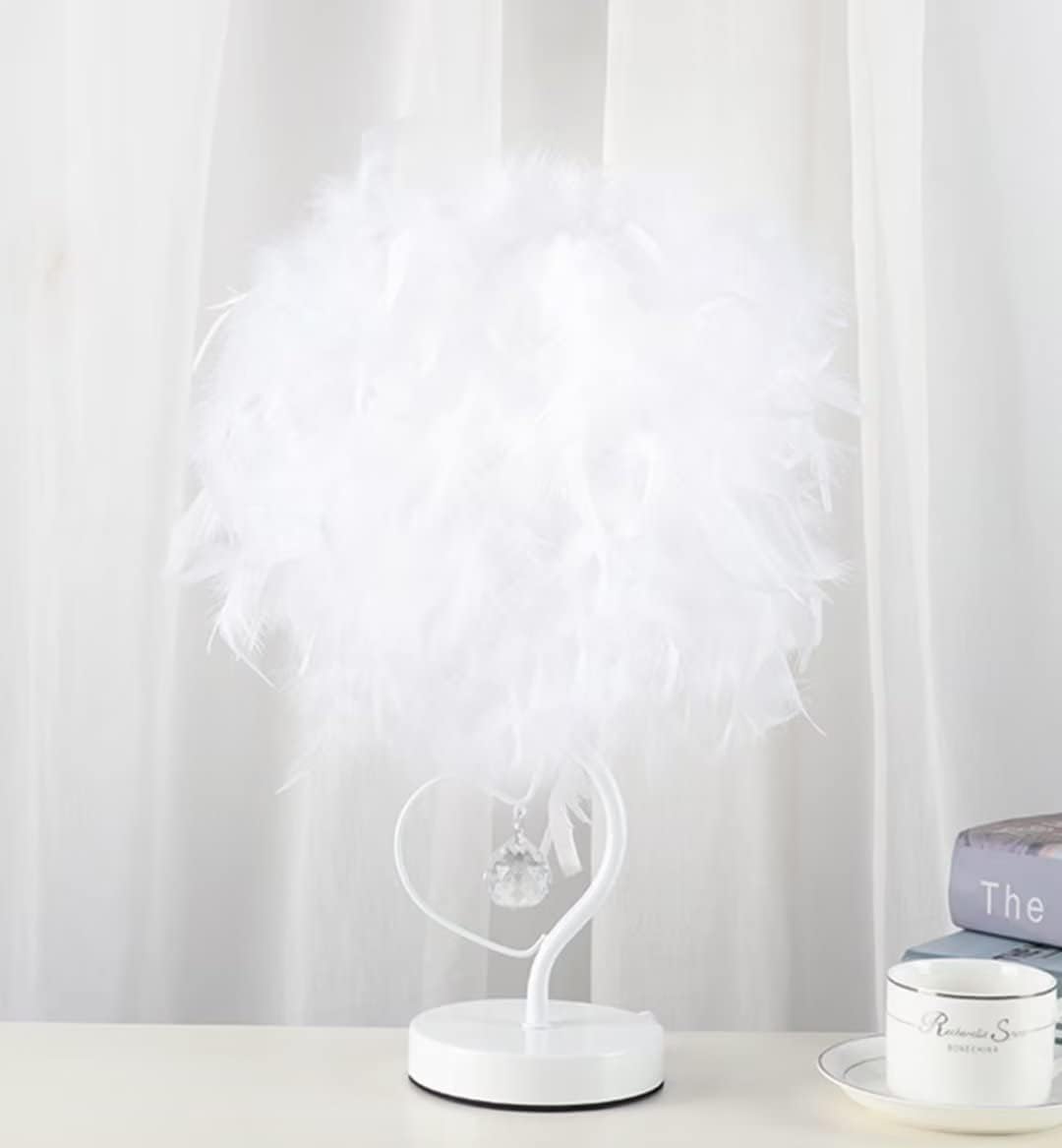 Feather Bedside Lamp with Crystal in Heart Shape, Feather Bedside Lampshade Feather Table Light Desk Lampshade for Living Room, Bedroom, Dining Room