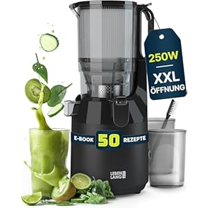 LEBENLANG Entsafter Slow Juicer – Inkl. Rezeptbuch & Große 135mm Öffnung I Perfekt für Obst ganze Früchte und Gemüse 100% BPA-Frei I Best Juicer Machine Saftpresse elektrisch Masticating Green Press