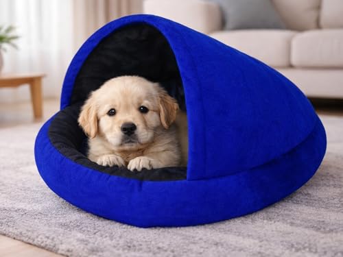 Image of GDB Cotton Premium Cozy Cove Blue Pet Bed for Cats and Medium Dogs Soft, Washable, Cave-Style Sleeping Bed with Anti-Slip Bottom Medium Blue Black.(LWH 61X61X15 CM)