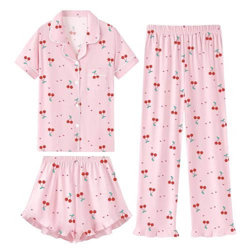 QZH.DUAO 3 Piece Girls Pajama Sets 100% Cotton Ruffle Long Pants with Shorts Sleepwear 3pcs Button Down PJs 5-14 Years