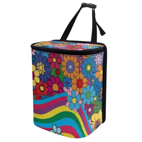 Image of Colorful Groovy Floral Garbage Can /Bag with Lid Organizer and Storage Bag Auto Rubbish Bags Universal Car Accessories Interior Decoration