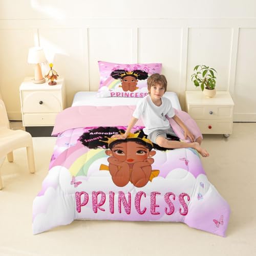 Image of Erosebridal Black Girls Twin Bedding Set Rainbow Princess Magical Comforter Set for Nursery Kids African American Quilt Black Princess Girl Duvet Insert Pretty Little Girls Inspirational Bed Set
