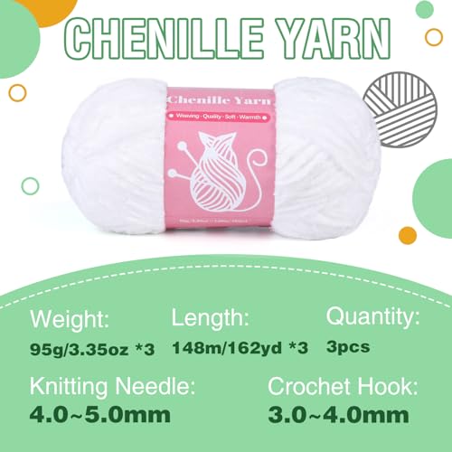 Image of LUNARM Chenille Velvet Yarn for Crocheting Knitting, 3 Pack of 100g /3.5oz Velvet Yarn for Crocheting & Knitting, 486 Yard Soft Yarn for Making Creations & Crochet & More (White)
