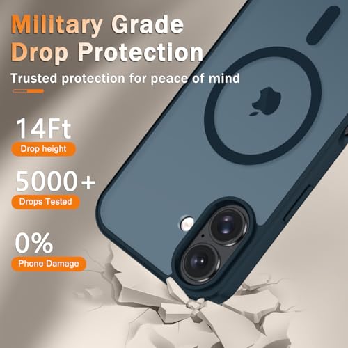 Image of YENAPOON for iPhone 16 Plus Case, Matte Magnetic Phone Cover [with 1 Screen Protector] [Support for MagSafe] [Shockproof Military Grade Protection] Translucent Frosted Back, Navy Blue