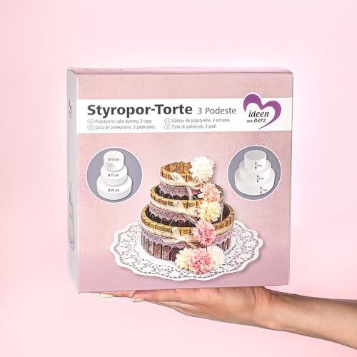 Styropor-Torte, bestehend aus Styropor-Podesten | Torten-Dummy | Kreative Geschenkidee zum Selberbasteln: Styroportorte, Süßigkeitentorte, Dekoration, Kuchen, DIY Bastelidee (3-stöckig)