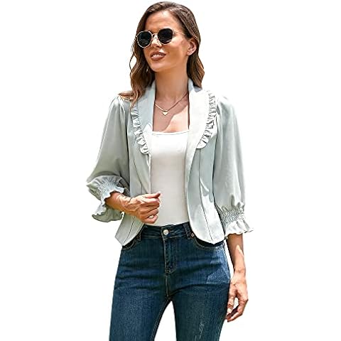 Maintain Vigour Women's Blazers Suits Open Front Bolero Jacket 3/4 Sleeve Office Cardigan Cropped Shrug,Silver Gray,S Cover