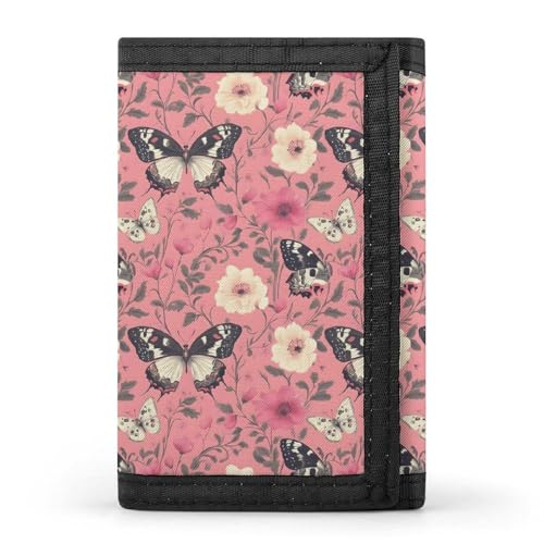 Pink Butterfly Flower Print Wallet for Men, 8 Credit Card Holder Slim Minimalist Front Pocket Small Mens Bifold Wallets