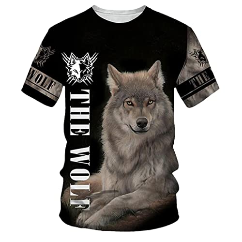 T-shirt imprimé loup 3D Harajuku motif sauvage ultra réaliste col rond manches courtes R-7