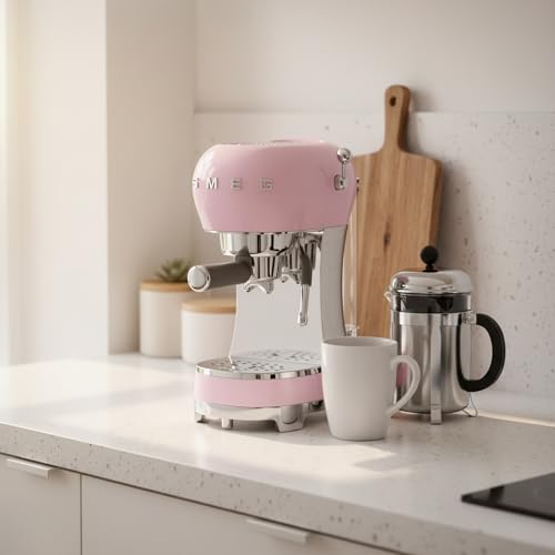 Image of Smeg Manual Espresso Machine with Steam Wand, 15 Bars of Pressure, Stainless Steel Porta Filter, Passive Cup Warmer, User Friendly Controls, and Measuring Scoop Tamper Made in Italy (Pink)