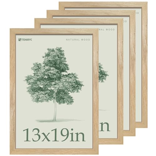 13x19 Picture Frame 4 Pack, Textured Elegant Natural Solid Wood & HD Tempered Glass, Gallery Poster Frame - Wall Hanging