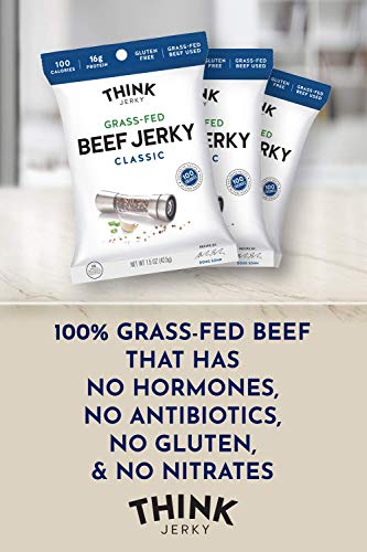 Classic Beef Jerky by Think Jerky — Delicious Chef Crafted Jerky — Grass-Fed Beef Free of Gluten, Antibiotics and Nitrates — Healthy Protein Snack Low in Calories, Fat and Salt — 1.5 Ounce (8 Pack)