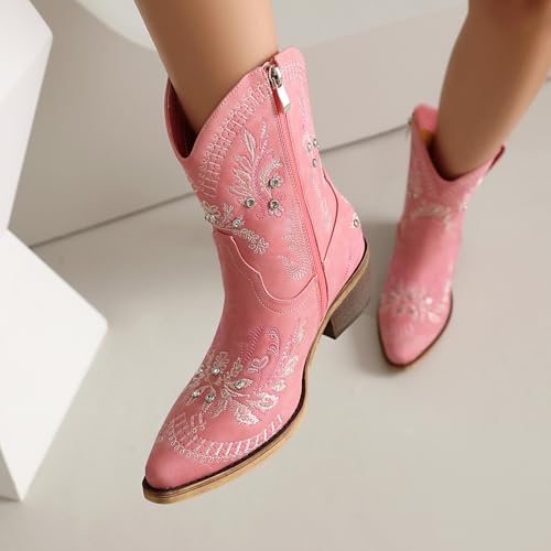 Women's Cowboy Ankle Boots Western Booties with Sparkly Rhinestone Low Heel3