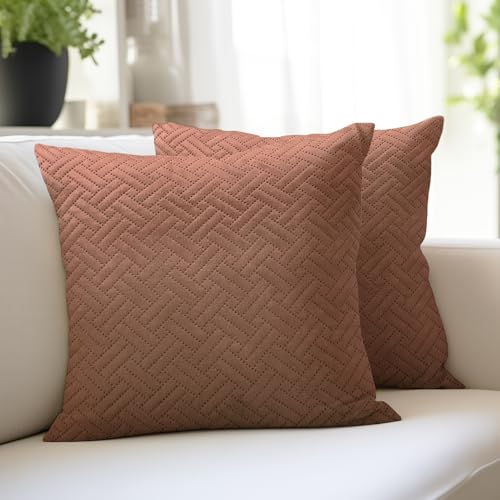 Encasa XO Cushion Covers 40x40 cm Set of 2 | Solid Color Quilted Velvet Sofa Cushion Covers | only Covers No Insert | Both Side Quilted Fabric | Bronze | Decorative Pillow Covers For Home
