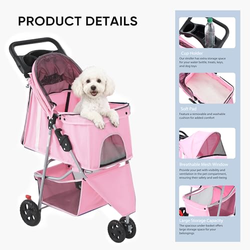 Image of NEWBULIG 3 Wheel Pet Stroller for Dogs and Cats, Foldable, Lightweight and Durable, Ideal for Small to Medium Pets, Includes Storage Basket and Cup Holders