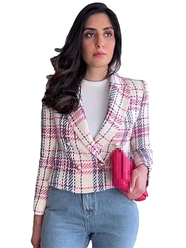 Blazers Women's Tweed Cropped Blazer Coat Long Sleeve Double Breasted Outerwears2