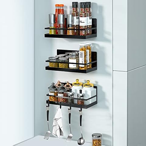 Magnetic Spice Rack Organizer - 3 Pack Moveable Fridge Spice Rack For Kitchen Organizer Magnetic Shelf Space Saving With 6 Hooks, Black Cover