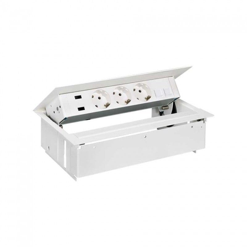 Kit dentro de la mesa completo con tapa, aleta metálica y cargador 2xUSB, 3 schukos, placa para 2 conectores RJ45 blanco Simon 400