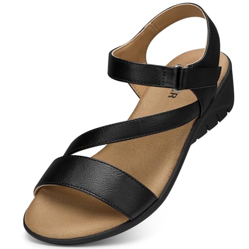 SHIBEVER Dressy Wedge Sandals for Women: Black Summer Casual Platform Strappy Rubber Arch Support Comfortable Walking Womens Wedges Sandal Outdoor Shoes Size 8