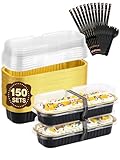 NEEBAKE 150 Pack 6.8 oz Disposable Mini Loaf Pans with Lids and Spoons - 6.5x2.5x1.2 Black Gold Aluminum Loaf Pans, Small Aluminum Tin Foil Baking Pan, Food Containers for Cakes, Bread, Loaves